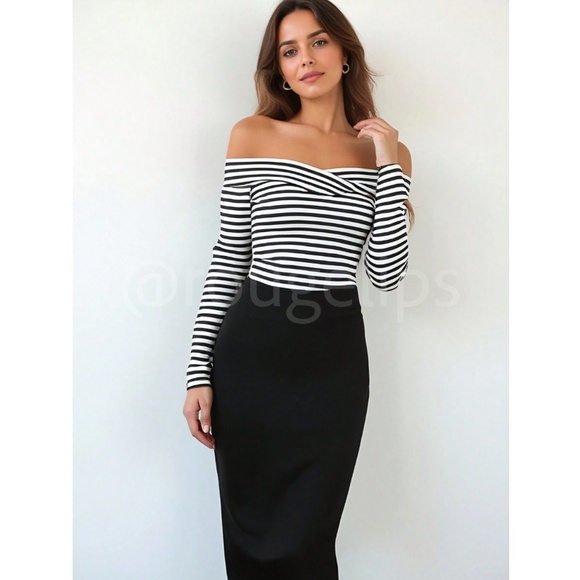 Black & White Striped Off Shoulder Long Sleeve Tee Shirt Top Slim Fit - Picture 4 of 13